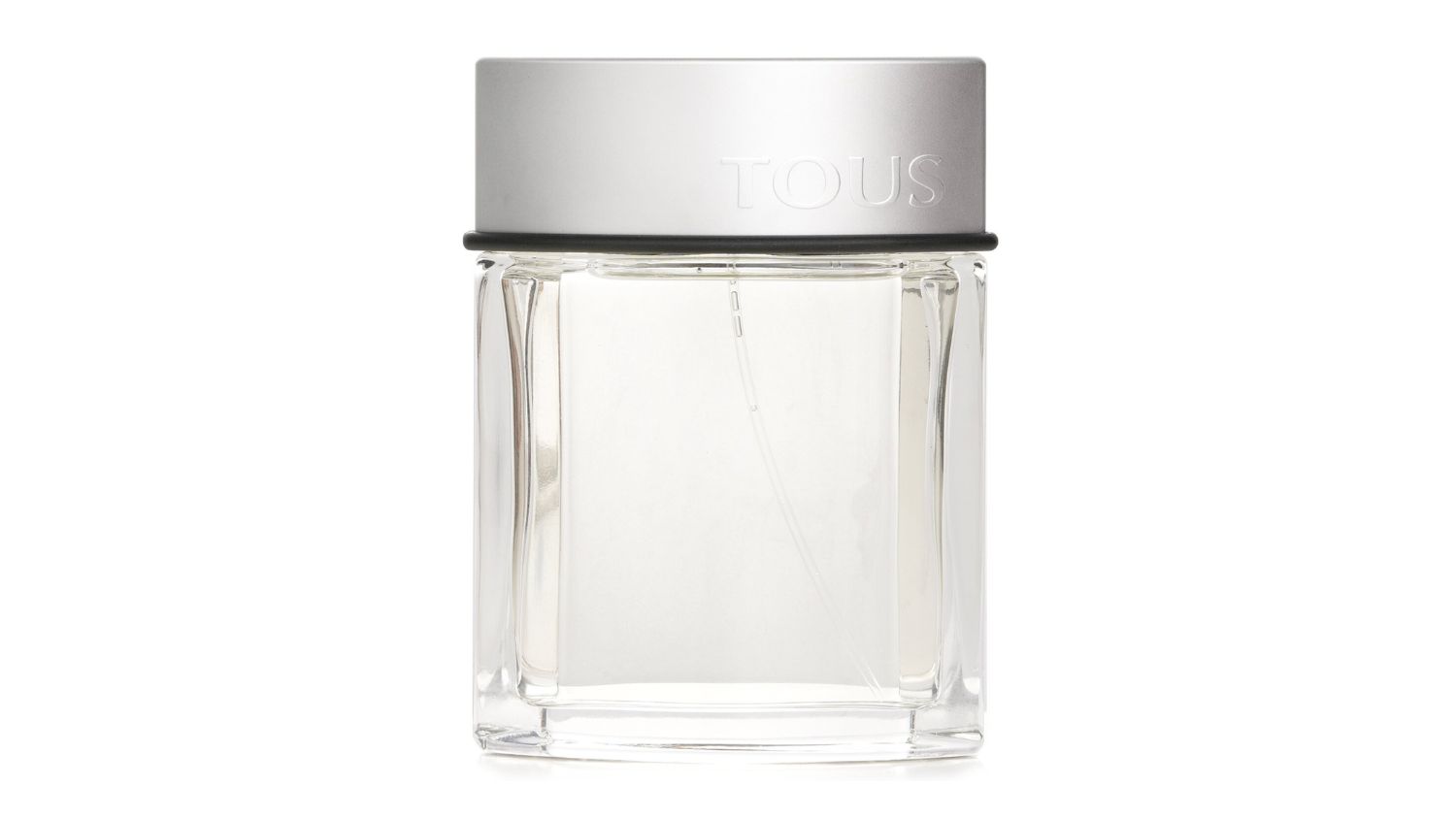 Clear glass bottle of Tous Man Eau De Toilette with a silver cap embossed with the brand name