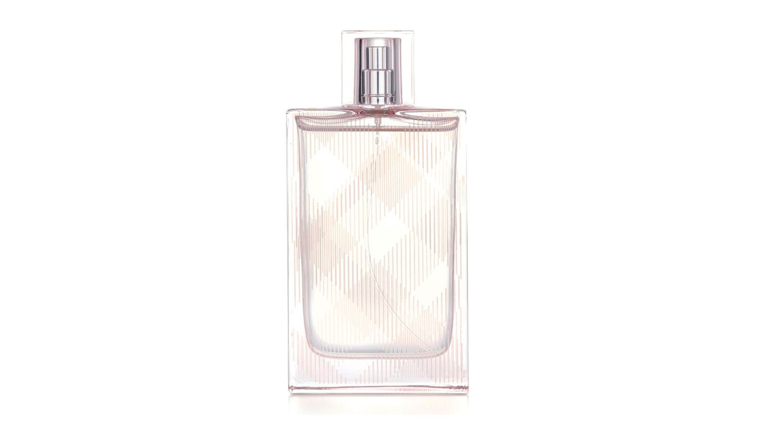 Clear rectangular perfume bottle with subtle plaid design and silver spray cap