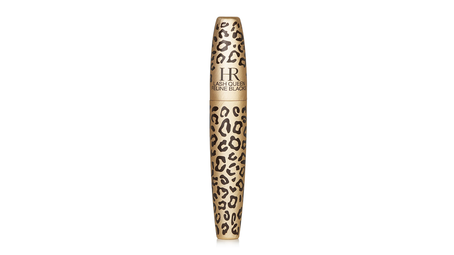 A closed tube of Helena Rubinstein Lash Queen Feline Blacks Mascara with a gold leopard print design