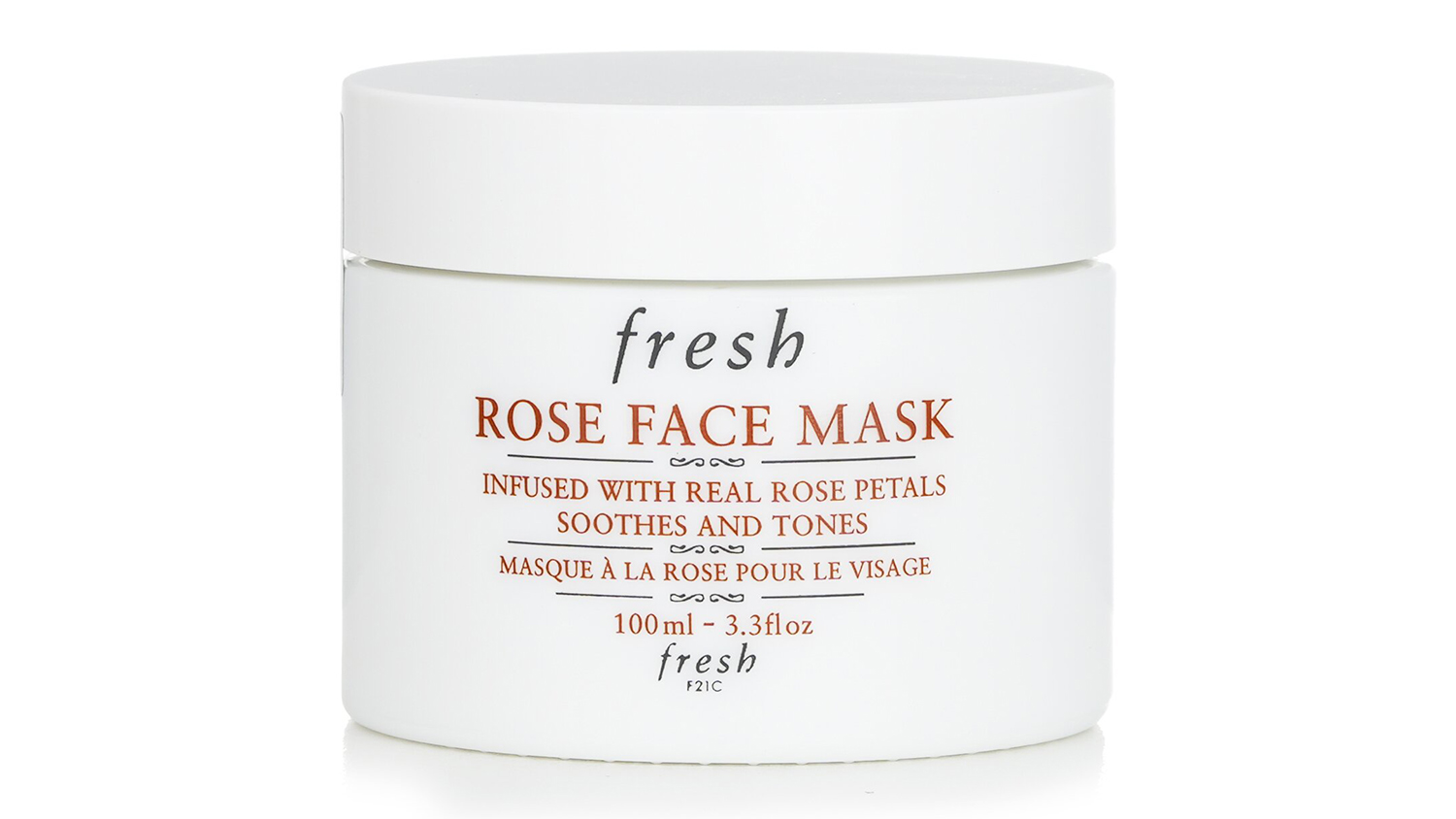 A white skincare jar labeled "Fresh Rose Face Mask Infused with Real Rose Petals" in 100ml size