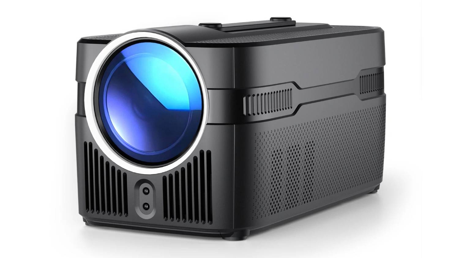 Black Magcubic HY450C Ultra Short Throw Projector with a large lens and vented sides