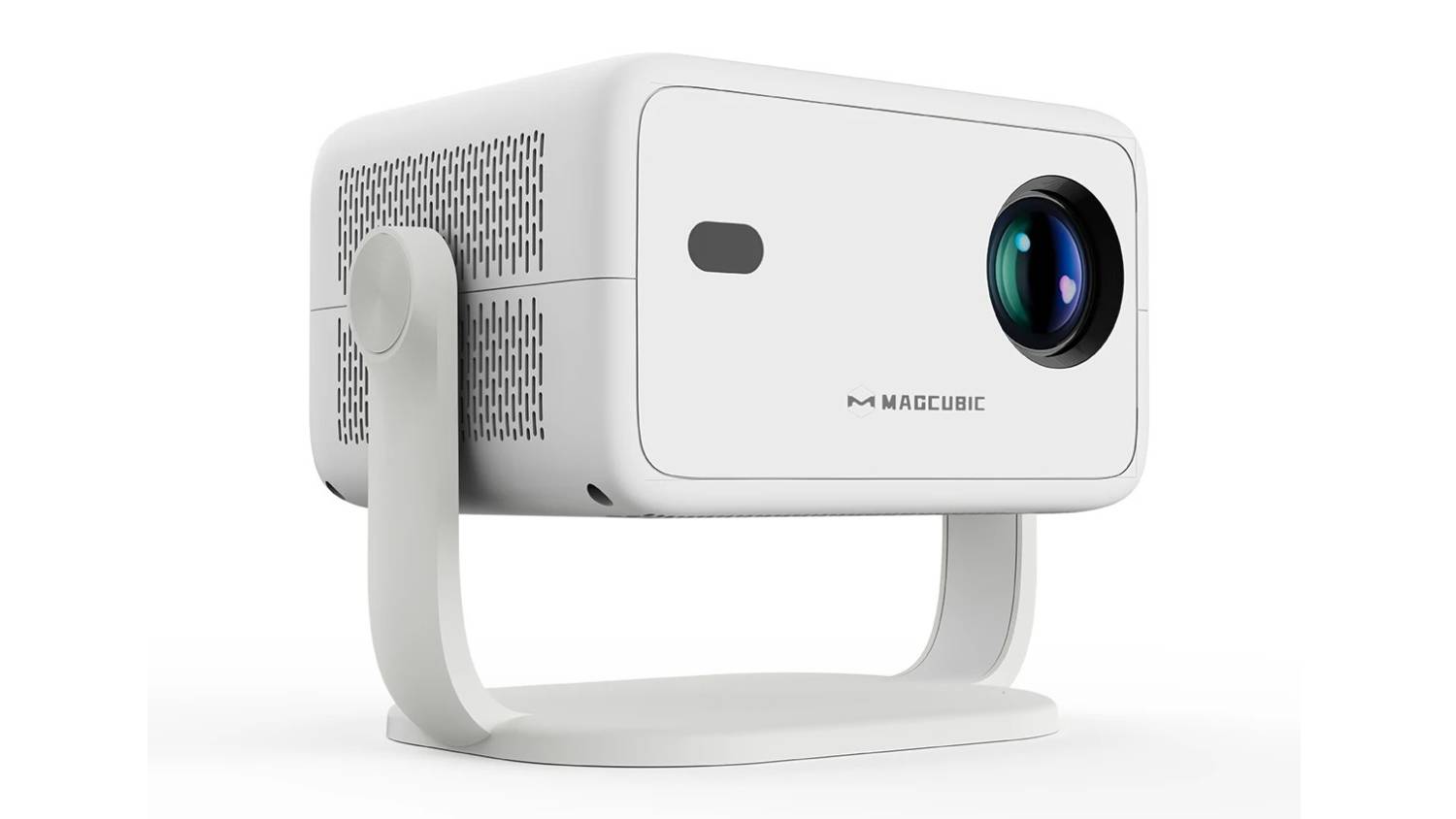 White Magcubic L018 projector with a sleek rectangular design, mounted on a 360° rotating stand