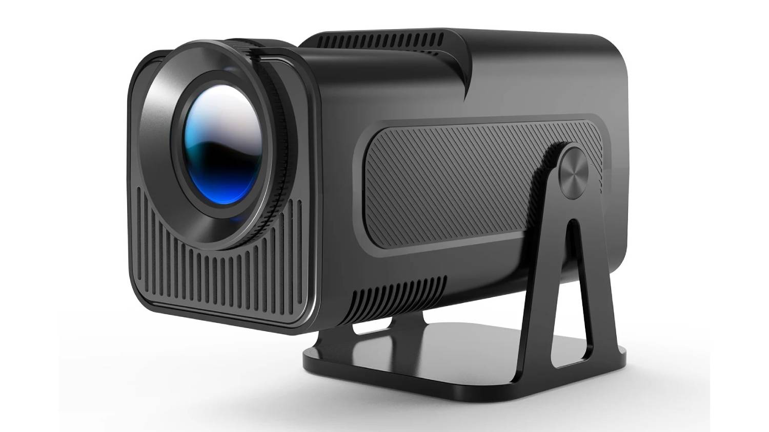 Magcubic HY320 NTV projector with a sleek black design, lens, and sturdy stand