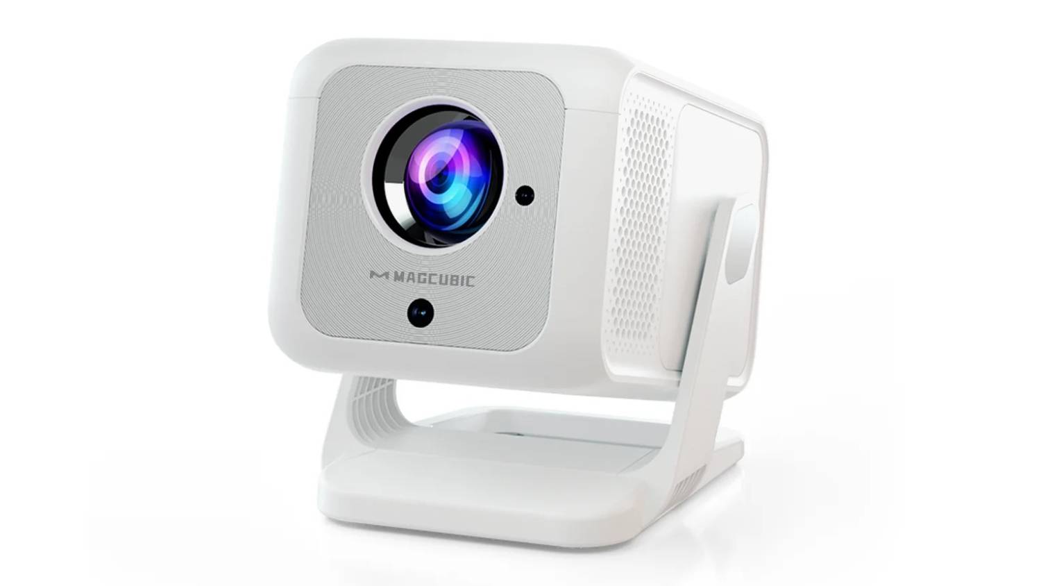 Magcubic HY310X projector in white with a compact design, large lens, and adjustable stand