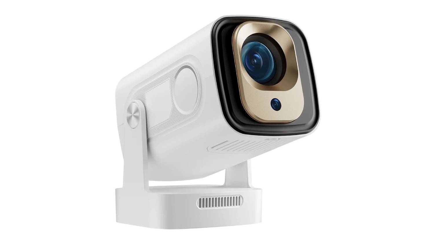 Magcubic HY310 projector in white with a gold front panel, large lens, and adjustable stand