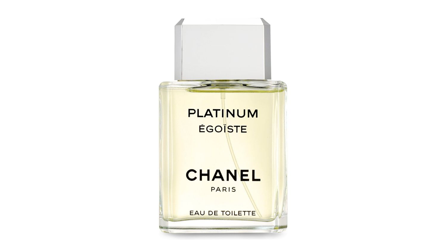 Bottle of Chanel Egoiste Platinum Eau De Toilette Spray with silver cap and clear glass design