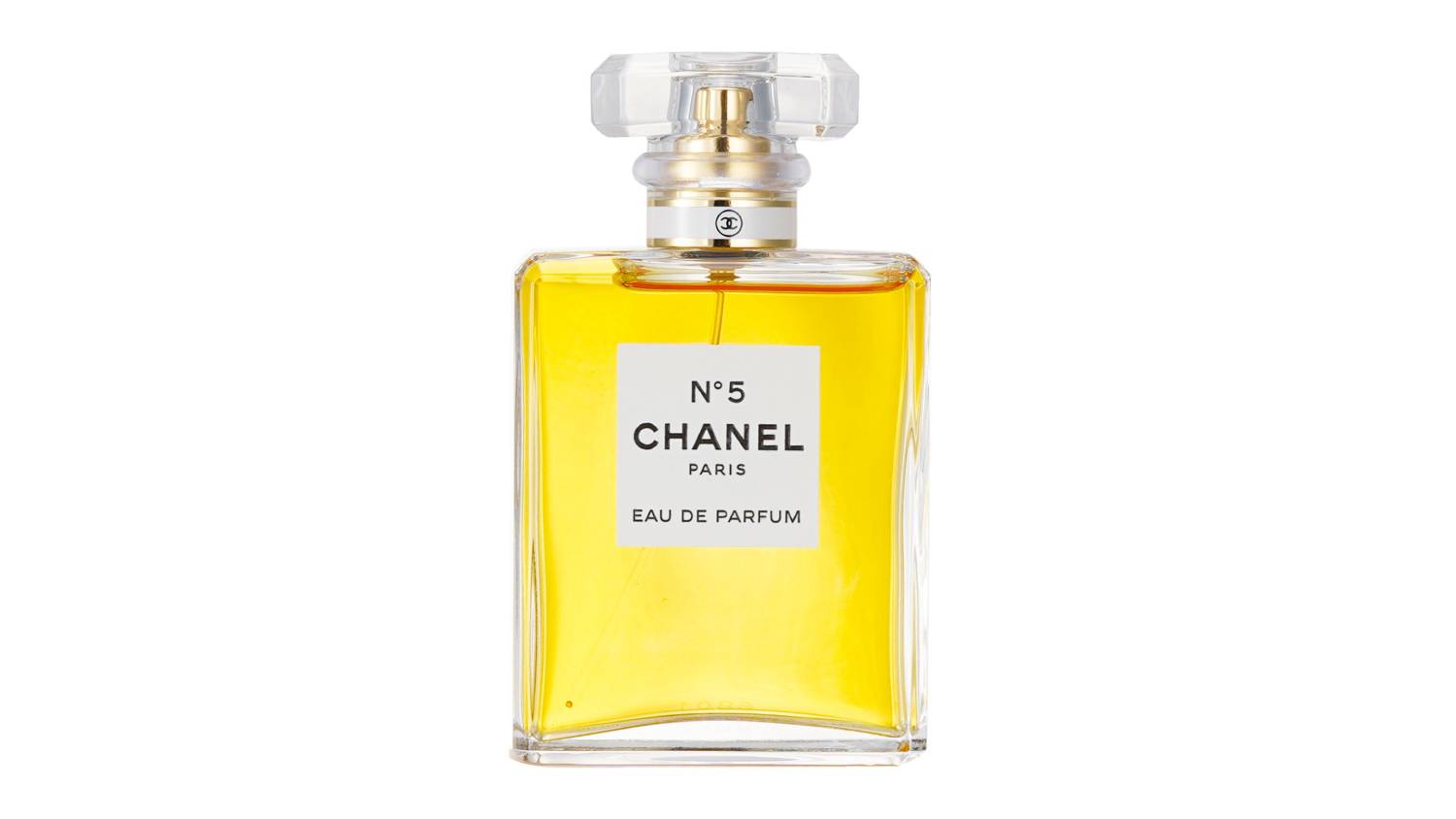 Front view of the Chanel No.5 Eau De Parfum 50ml bottle, showing its glass design and golden fragrance liquid