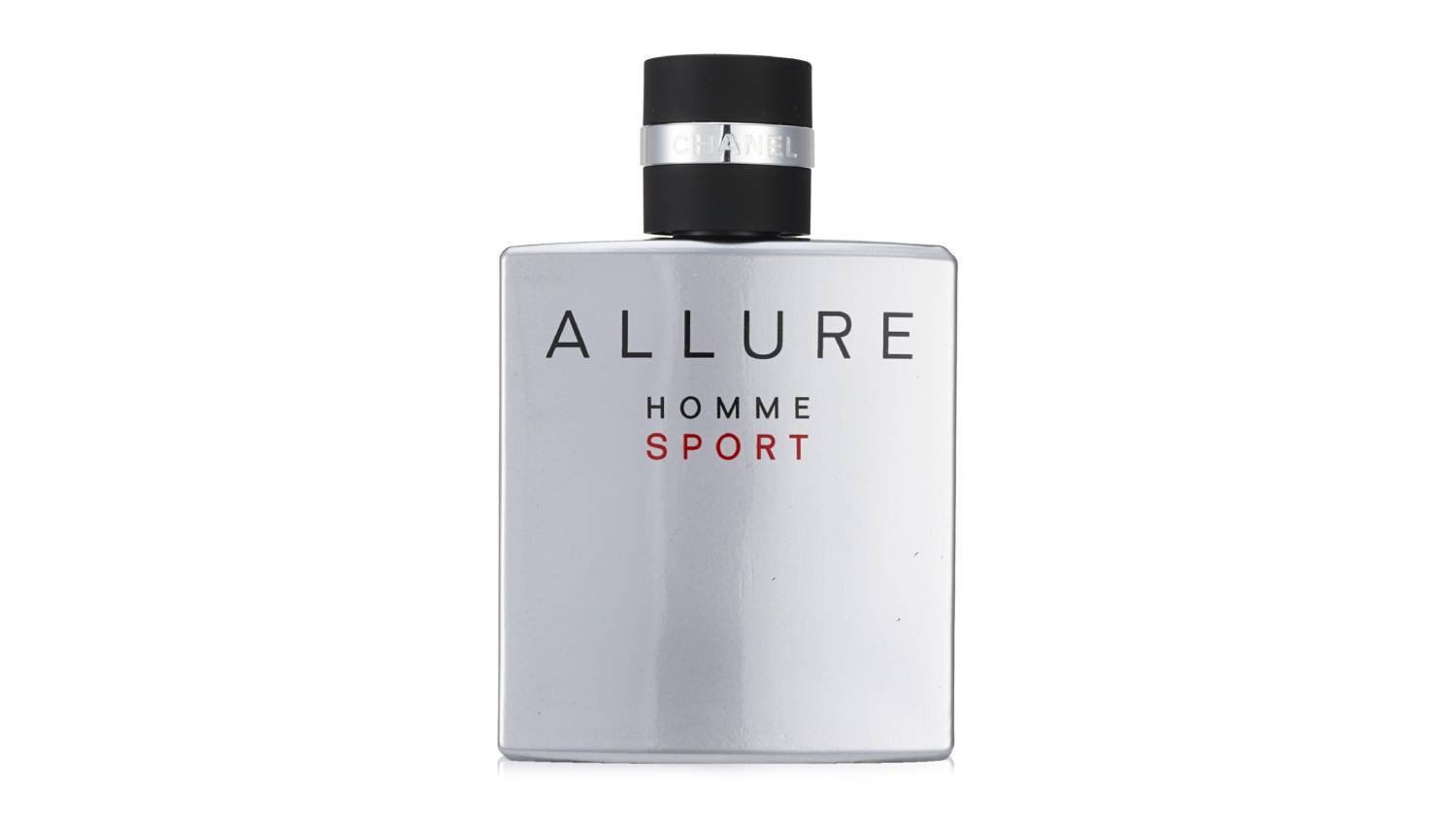 Front view of the Chanel Allure Homme Sport 50ml bottle, featuring a silver rectangular container