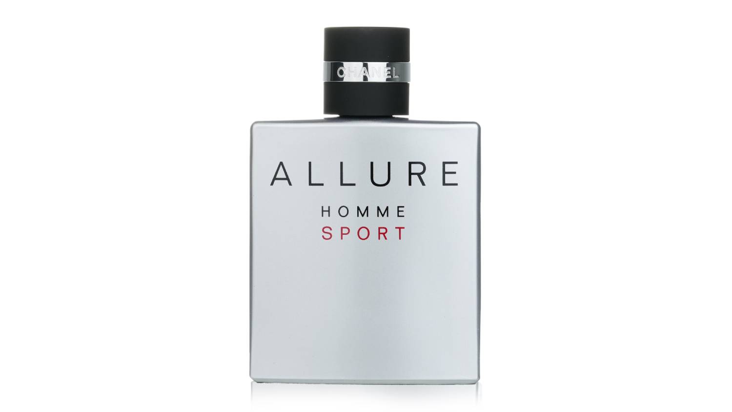 Front view of the Chanel Allure Homme Sport 100ml bottle, featuring a silver rectangular container