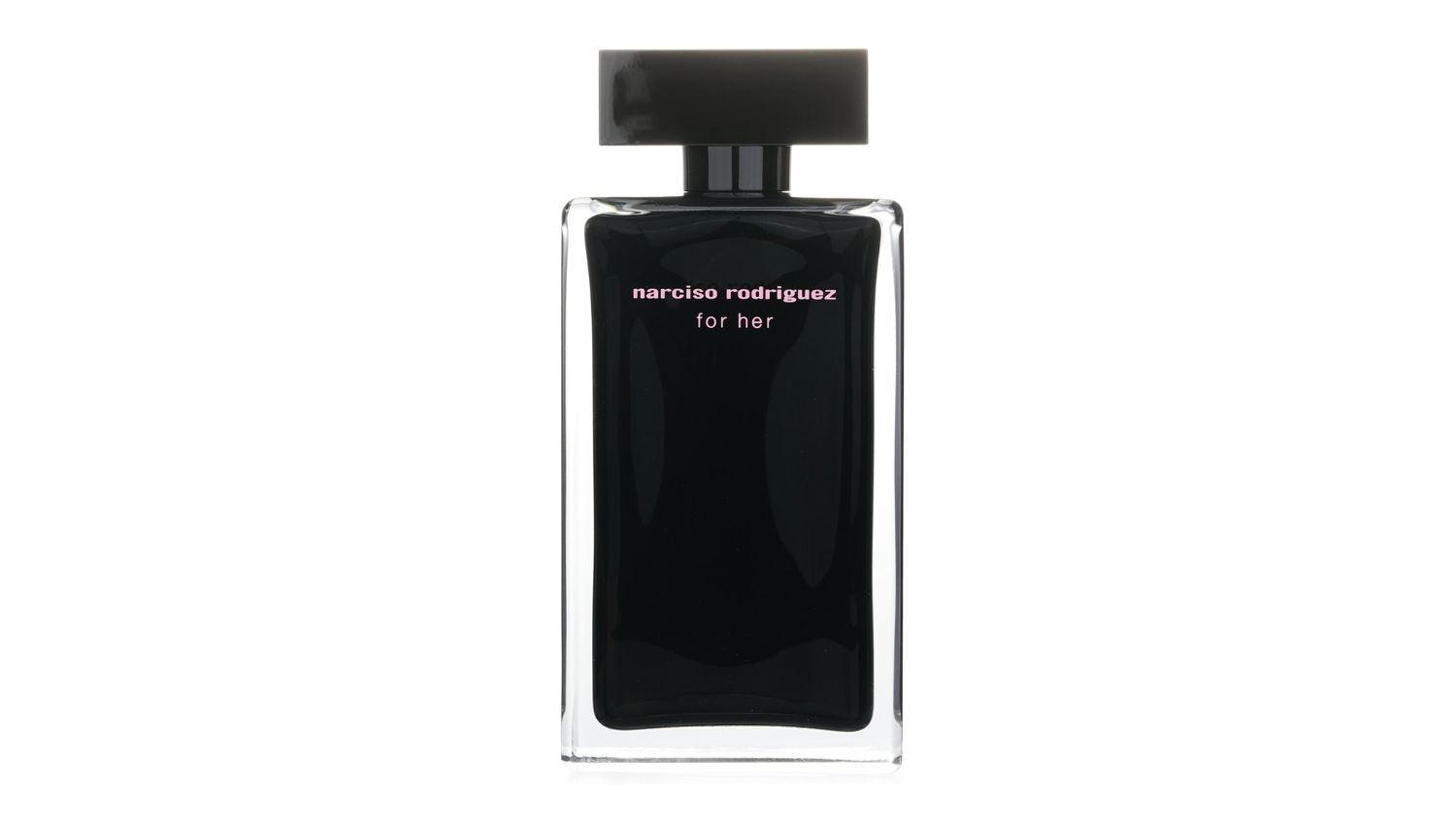 Black rectangular perfume bottle labelled Narciso Rodriguez for Her with a wide black cap
