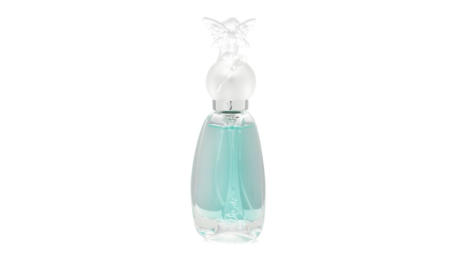 A front-facing view of the Anna Sui Secret Wish perfume bottle, featuring light turquoise liquid