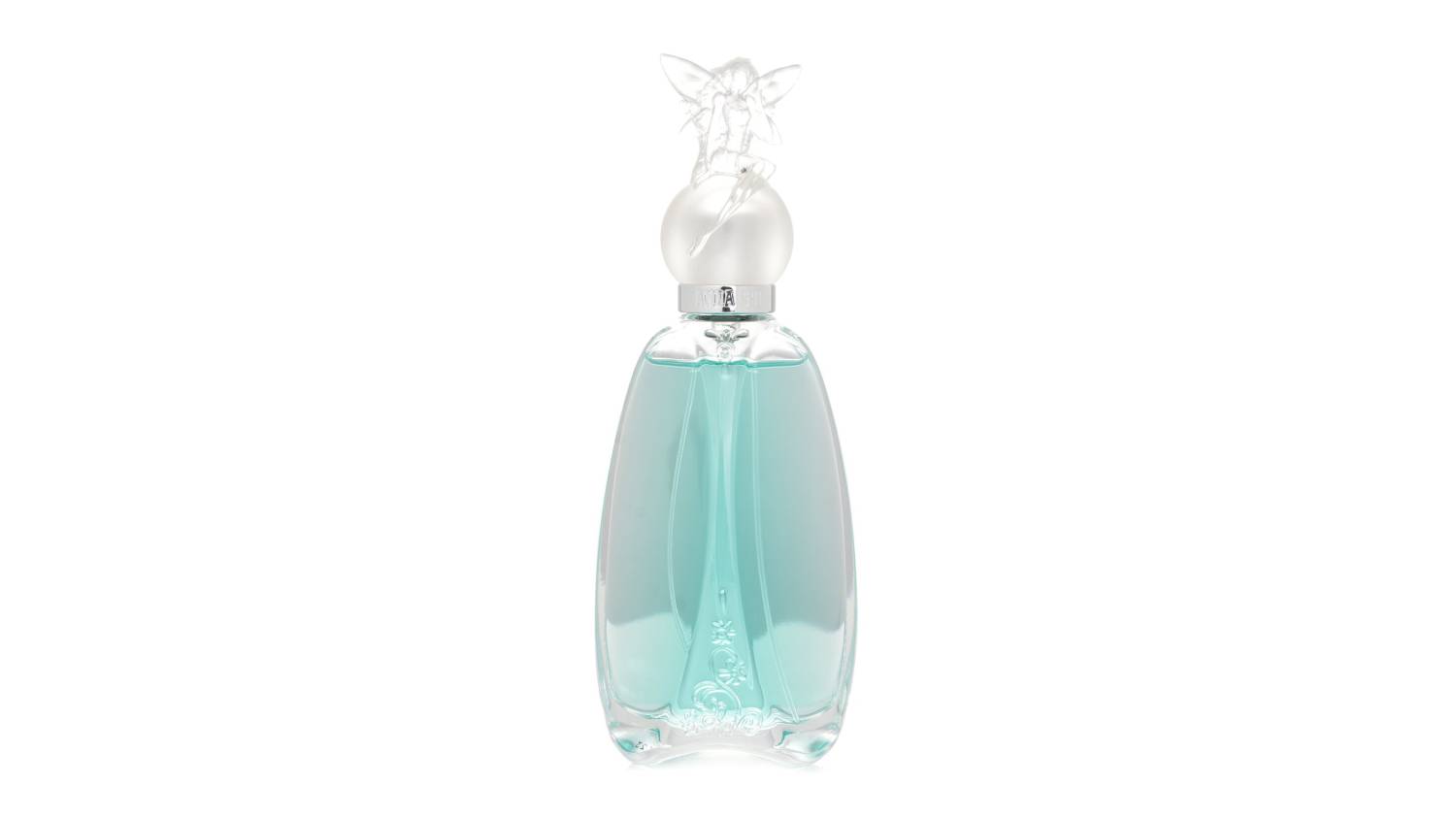 A front-facing view of the Anna Sui Secret Wish perfume bottle, featuring light turquoise liquid