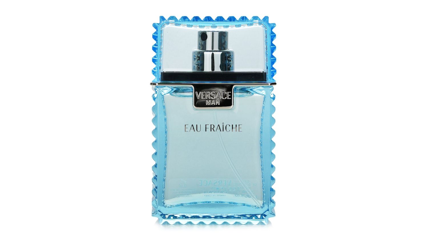 Blue Versace Eau Fraiche Eau de Toilette spray bottle with clear cap and embossed edges