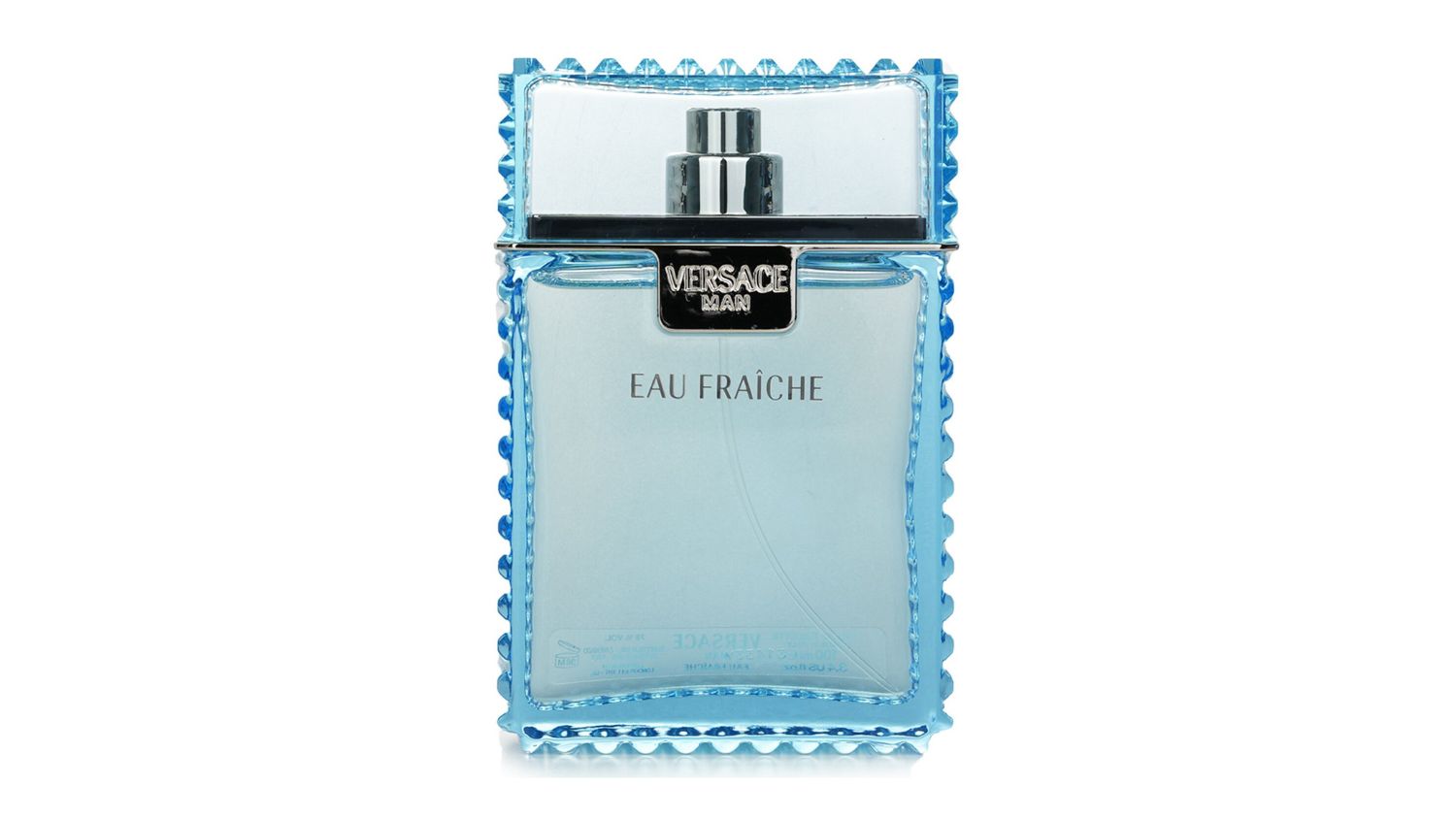 Blue Versace Eau Fraiche Eau de Toilette spray bottle with clear cap and embossed edges