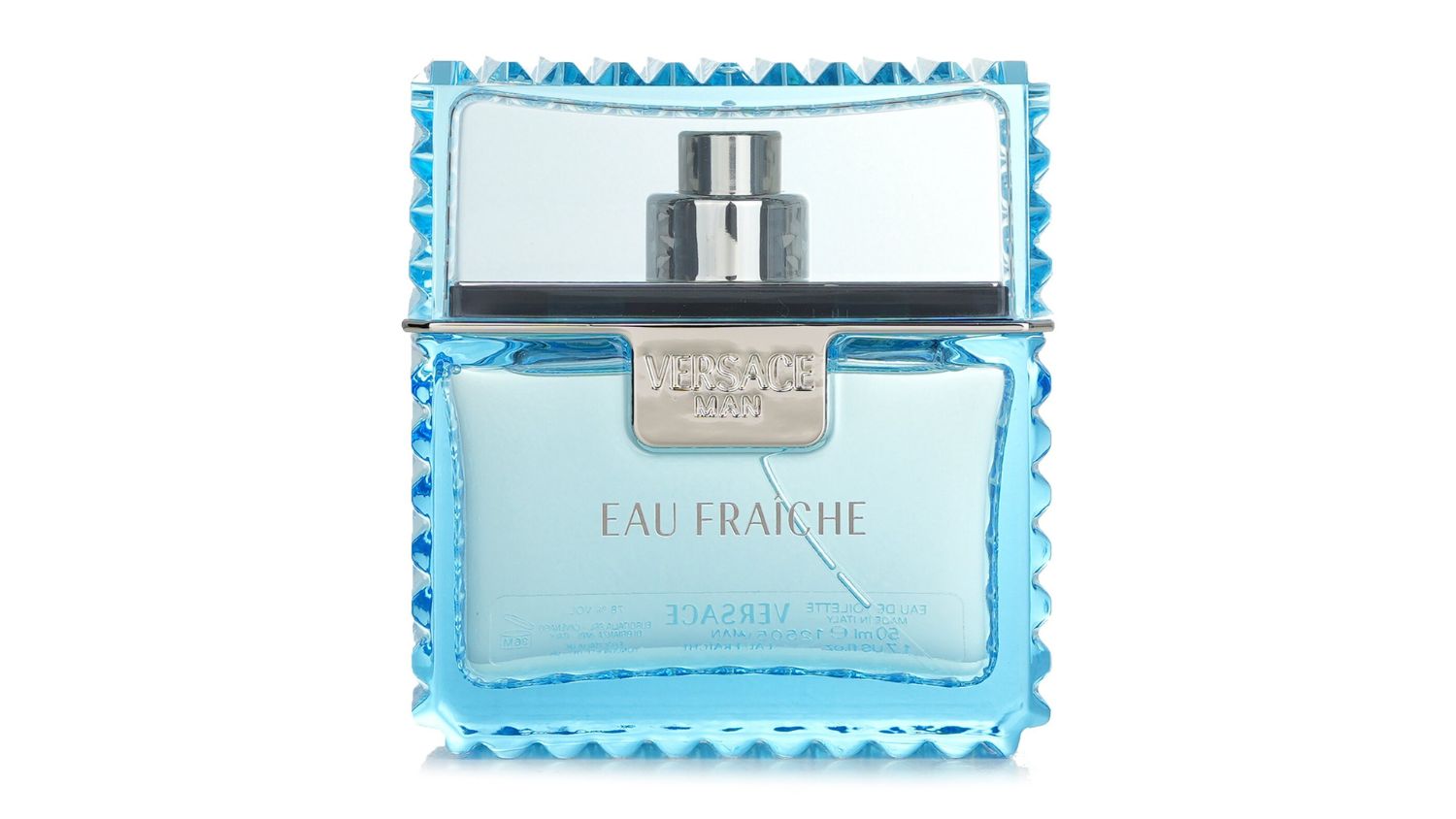 Blue Versace Eau Fraiche Eau de Toilette spray bottle with clear cap and embossed edges