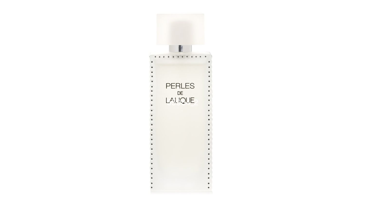 White rectangular perfume bottle labelled 'Perles de Lalique' with dotted edges and frosted cap