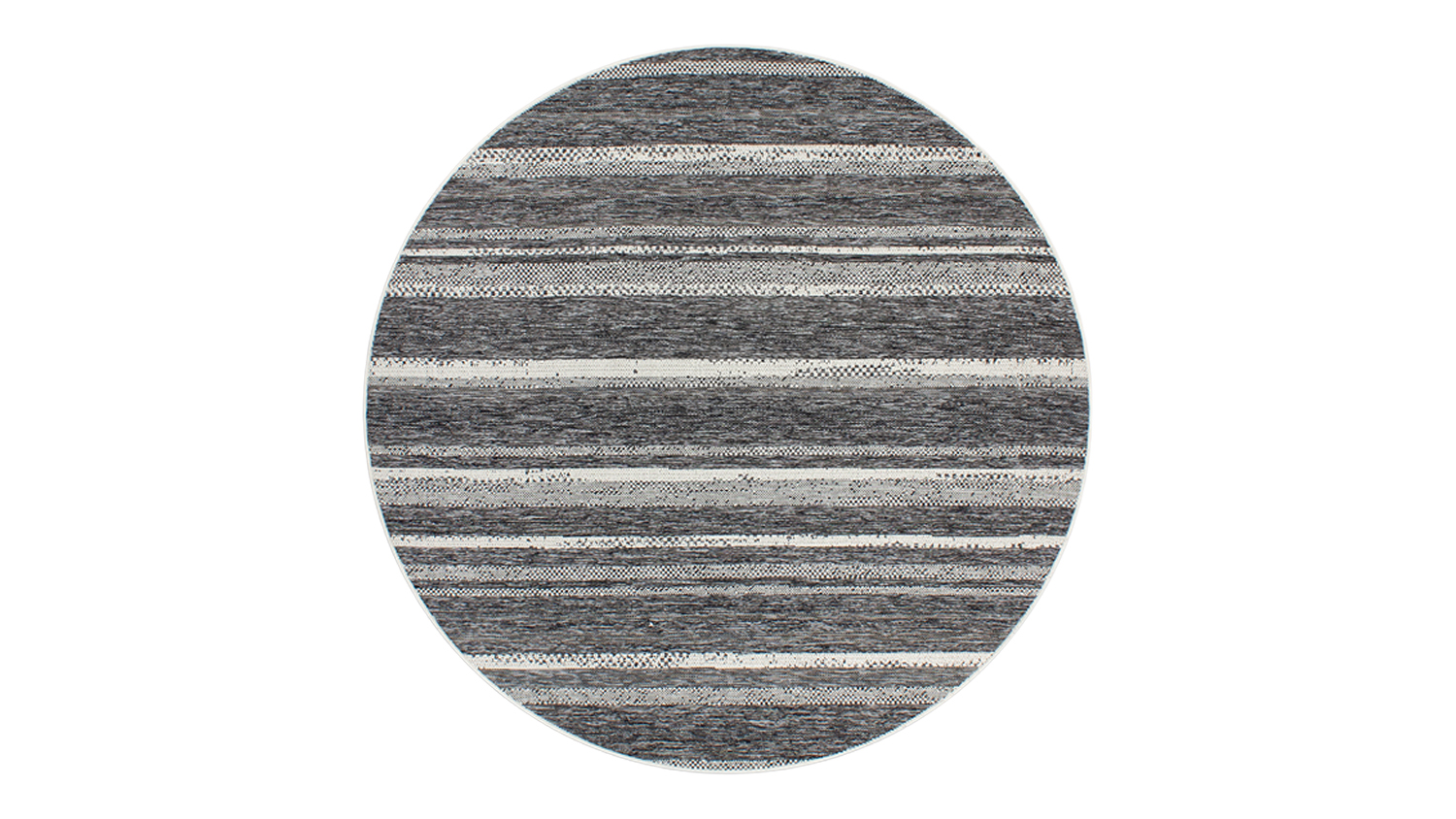 A circular view of the St Ives Outdoor Rug featuring horizontal, multi-tonal charcoal stripes