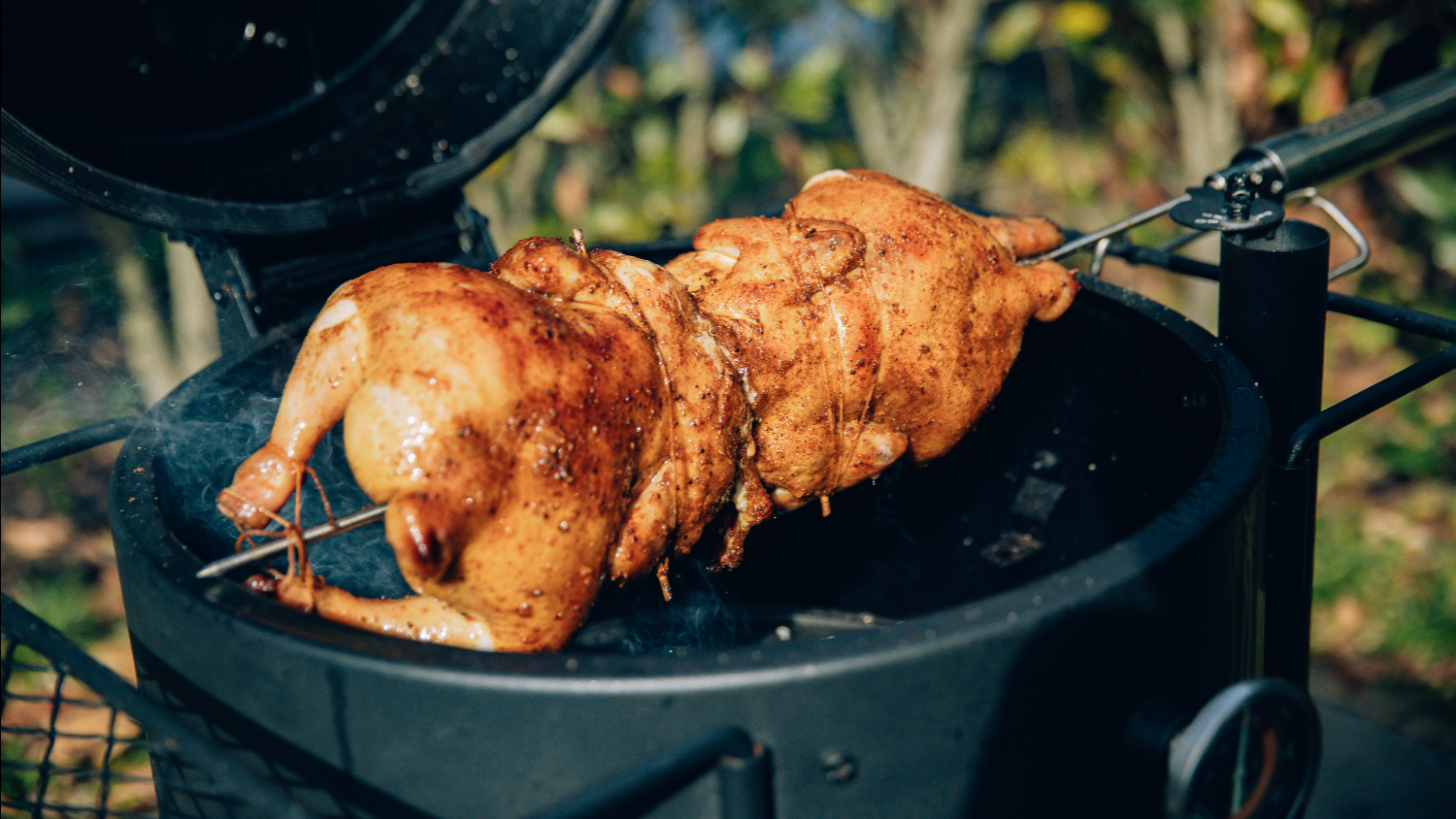 A view of two whole chickens being roasted on a barbecue