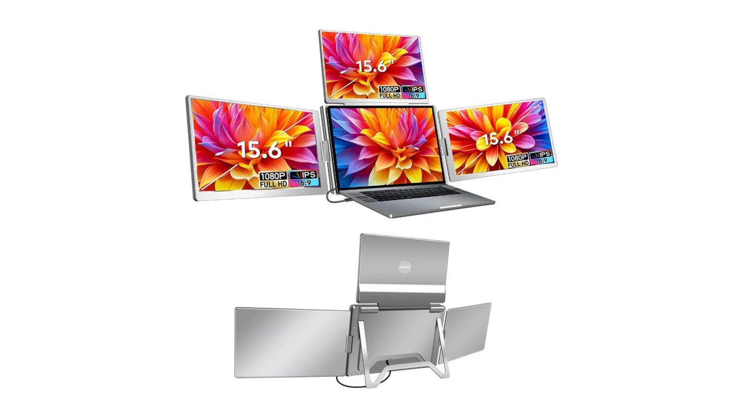 A view of a laptop with three portable monitors attached, showing vibrant flower graphics on each screen