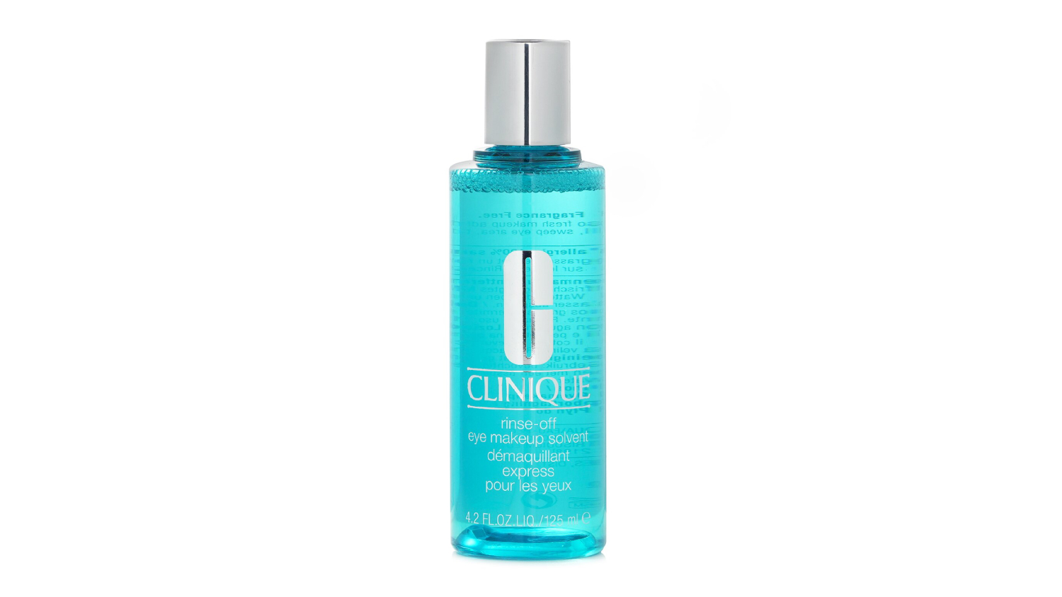 Front view of the Clinique Rinse-Off Eye Makeup Solvent in a blue bottle with a silver cap