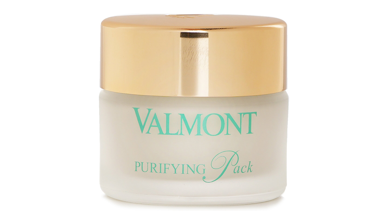 A premium jar of Valmont Purifying Pack featuring teal green lettering on a frosted jar with a polished gold cap