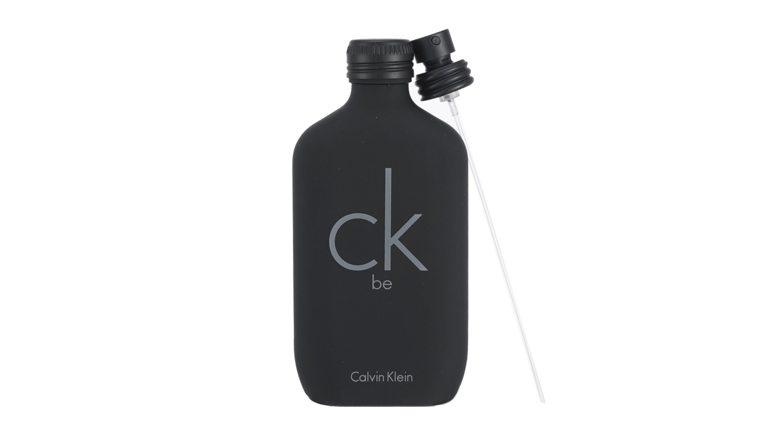 A black CK Be perfume bottle by Calvin Klein with a detached sprayer tube