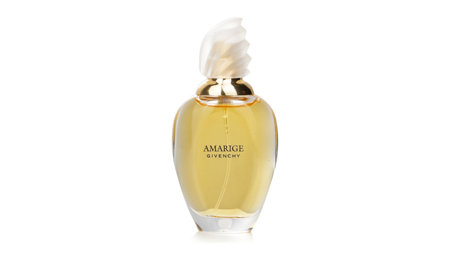 Bottle of Givenchy Amarige Eau De Toilette with golden liquid and sculpted white cap