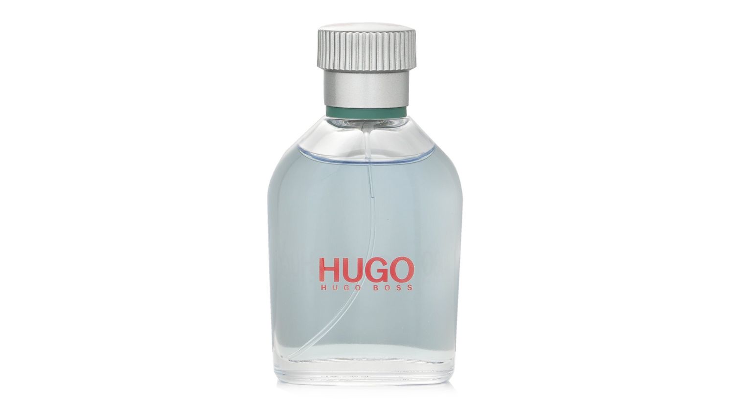 Clear glass bottle of Hugo Boss Hugo Eau de Toilette with silver cap and red logo