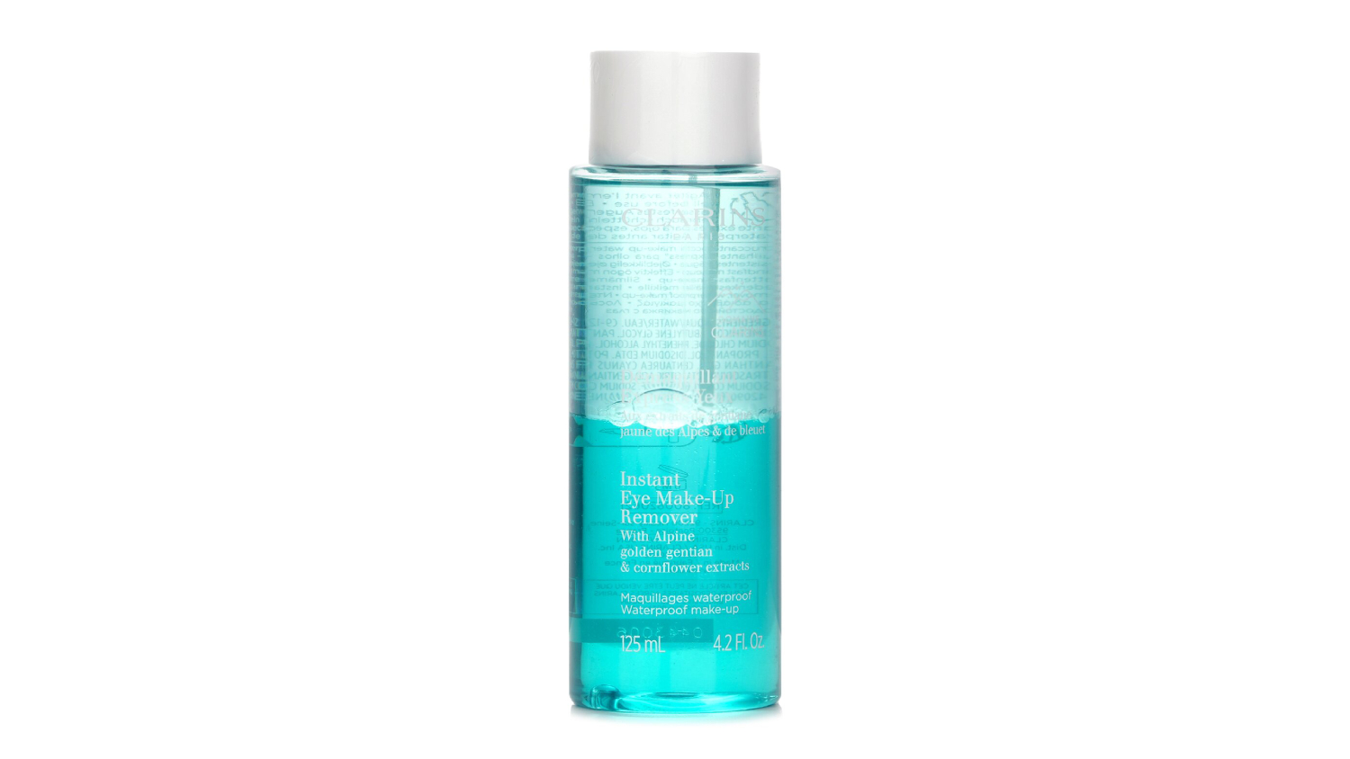 Front view of a Clarins Instant Eye Makeup Remover in a 125ml blue bottle