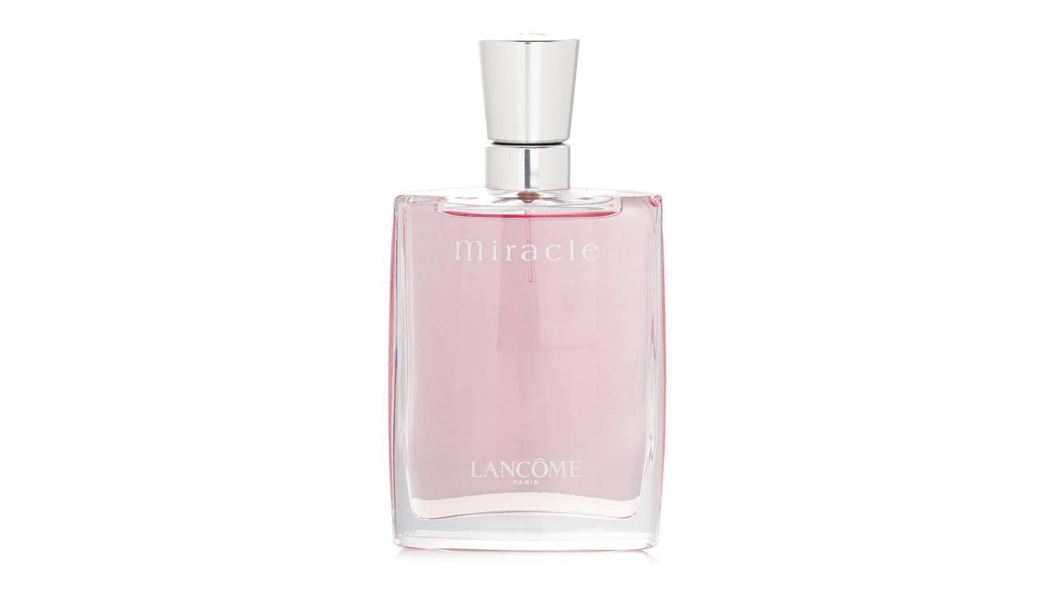 A front view of a Lancôme Miracle Eau De Parfum Spray bottle filled with light pink liquid