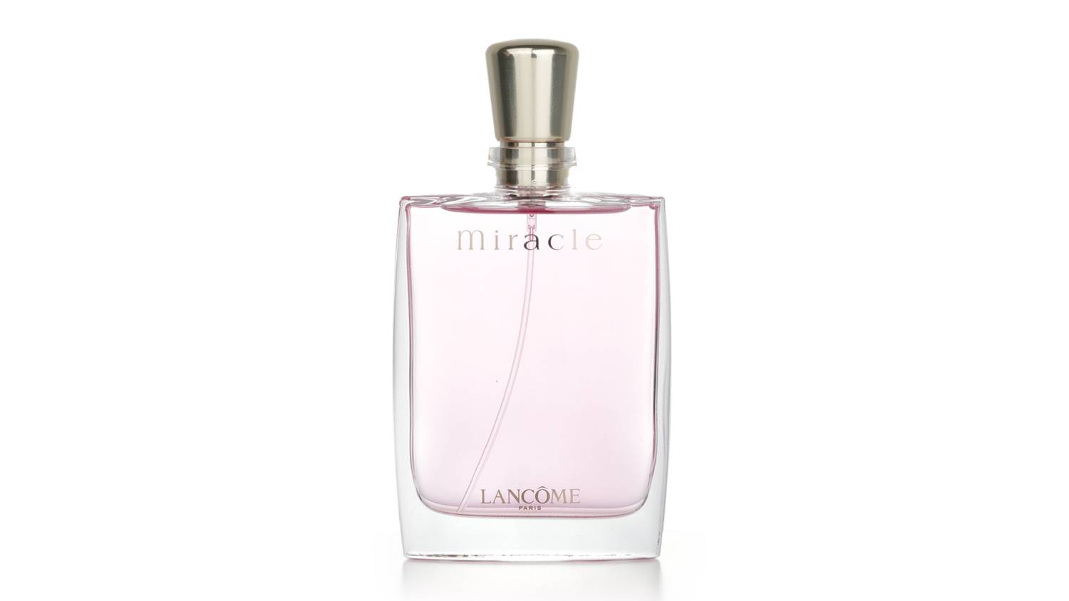 A front view of a Lancôme Miracle Eau De Parfum Spray bottle filled with light pink liquid
