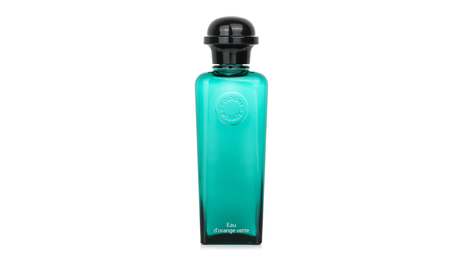 Front view of the Hermes Eau d’Orange Verte cologne spray in a sleek glass bottle with a black cap