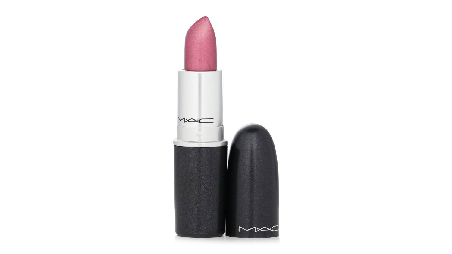 An open MAC lipstick in the shade Plum Dandy, standing upright