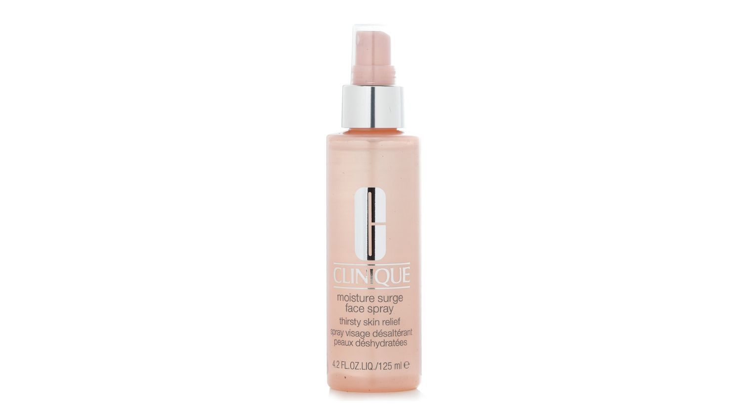 Front view of the Clinique Moisture Surge Face Spray in a pink bottle with a silver pump