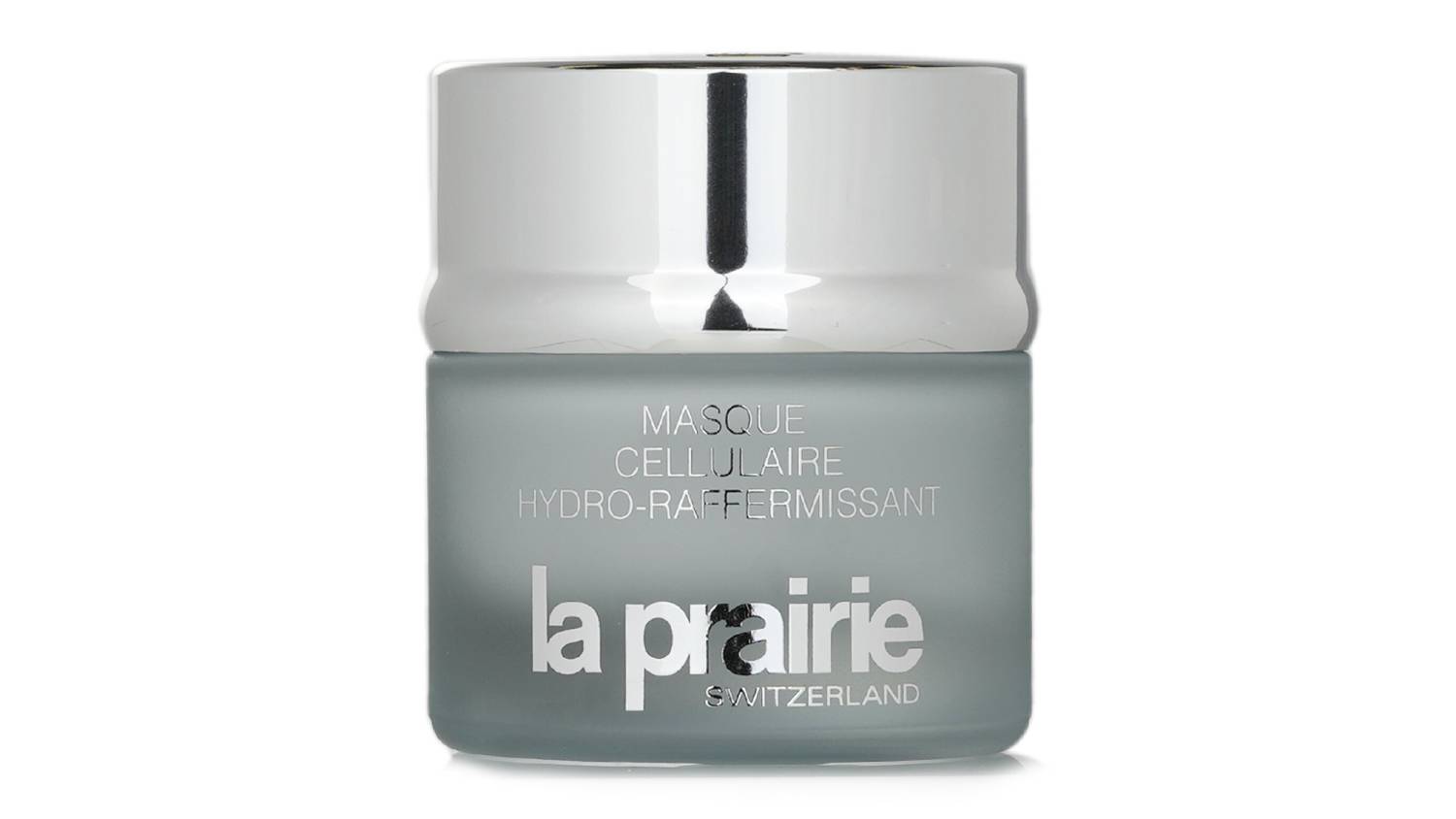 Front view of the La Prairie Cellular Hydralift Firming Mask jar, featuring a frosted grey container