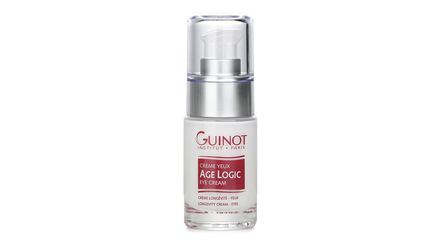Front view of a 15ml bottle of Guinot Age Logic Eye Cream in a clear pump bottle with a silver cap