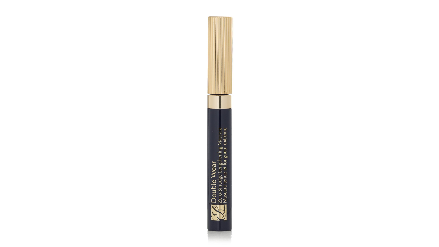 Front view of the Estee Lauder Double Wear Zero Smudge Lengthening Mascara, which features a gold cap for long-lasting lash definition