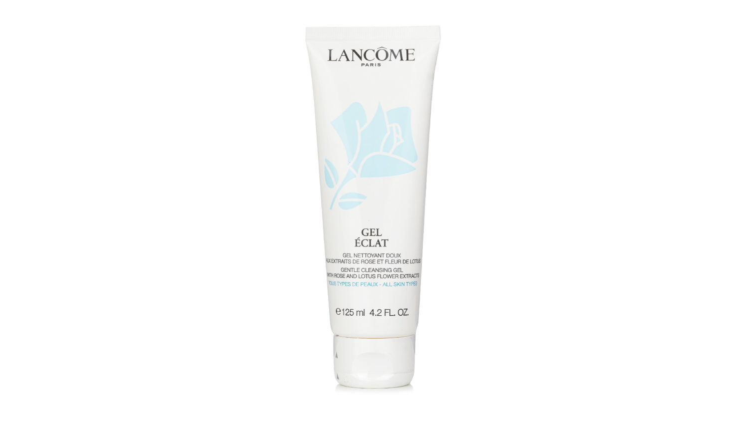 Front view of a Lancome Gel Eclat Gentle Cleansing Gel tube with a floral design