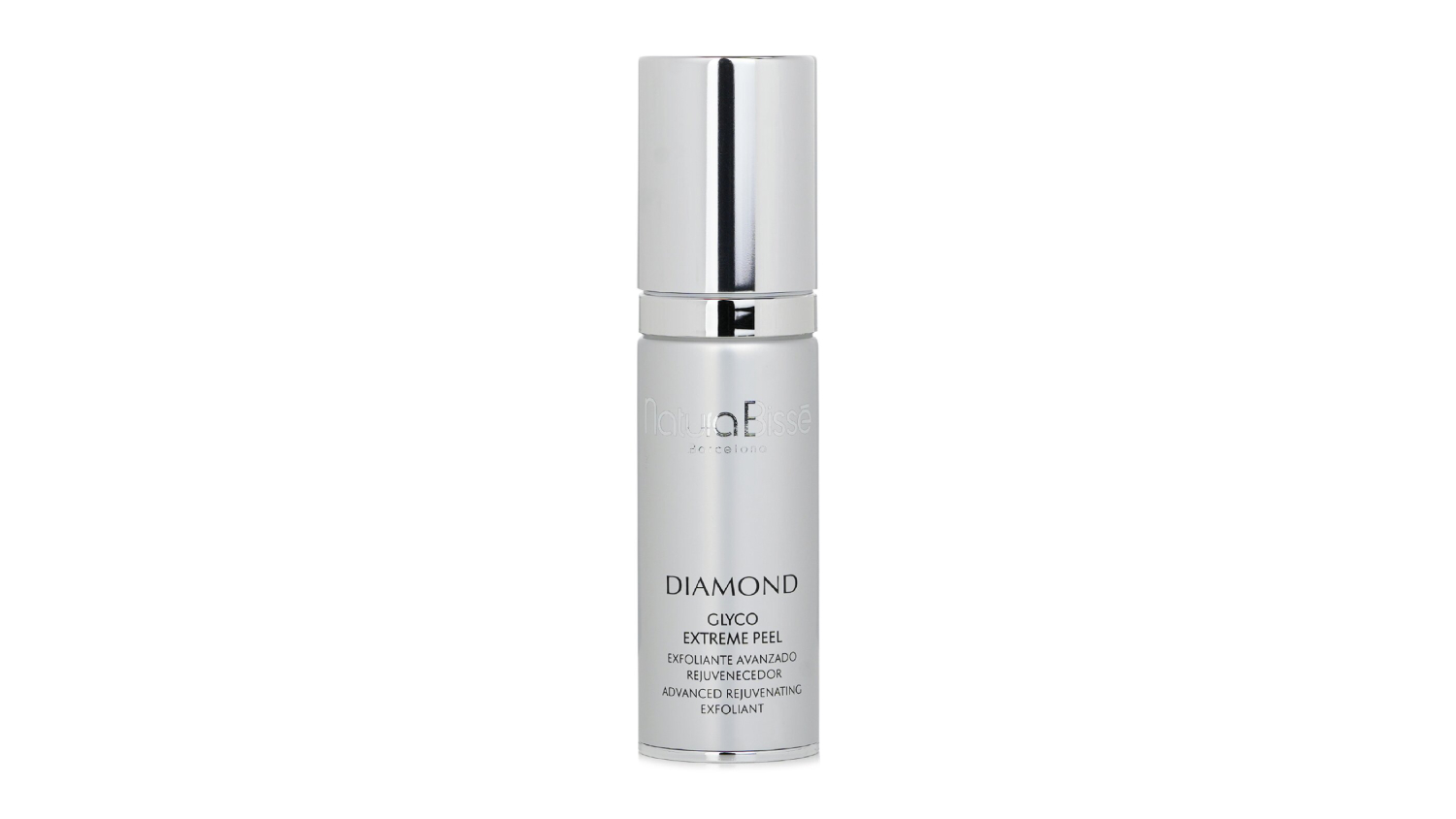 The Natura Bisse Diamond Glyco Extreme Peel luxury skincare serum is in a silver bottle with a chrome cap