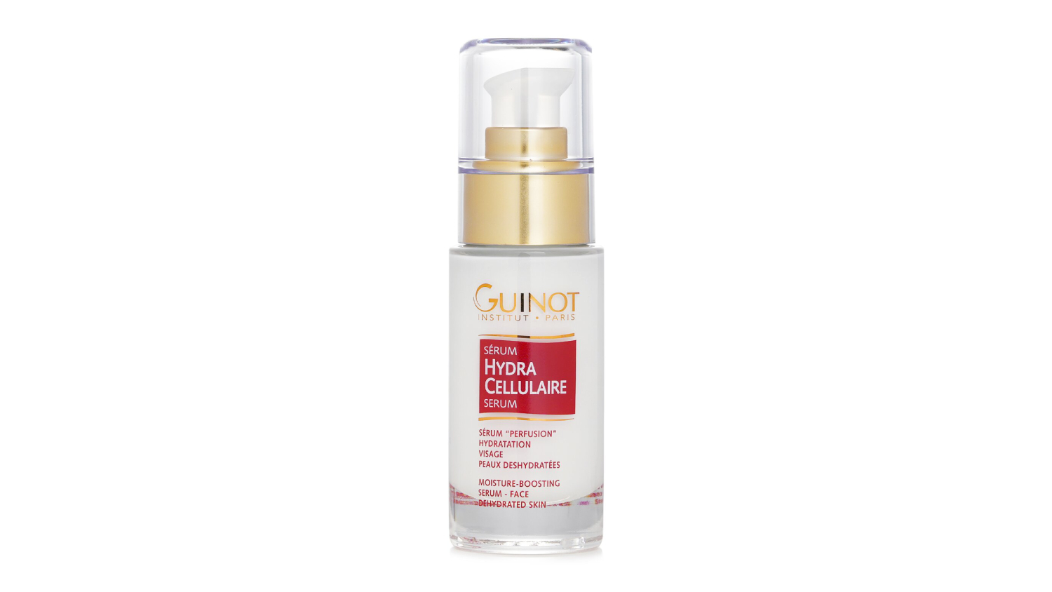A front view of the Guinot Hydra Cellulaire Cell Moisturising Serum 30ml/1.06oz in a clear pump bottle is shown