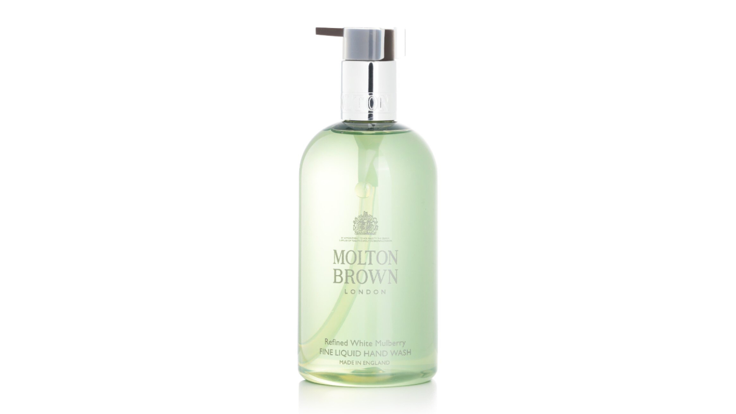 Molton Brown White Mulberry Fine Liquid Hand Wash, 300ml/10oz, in a clear green pump bottle