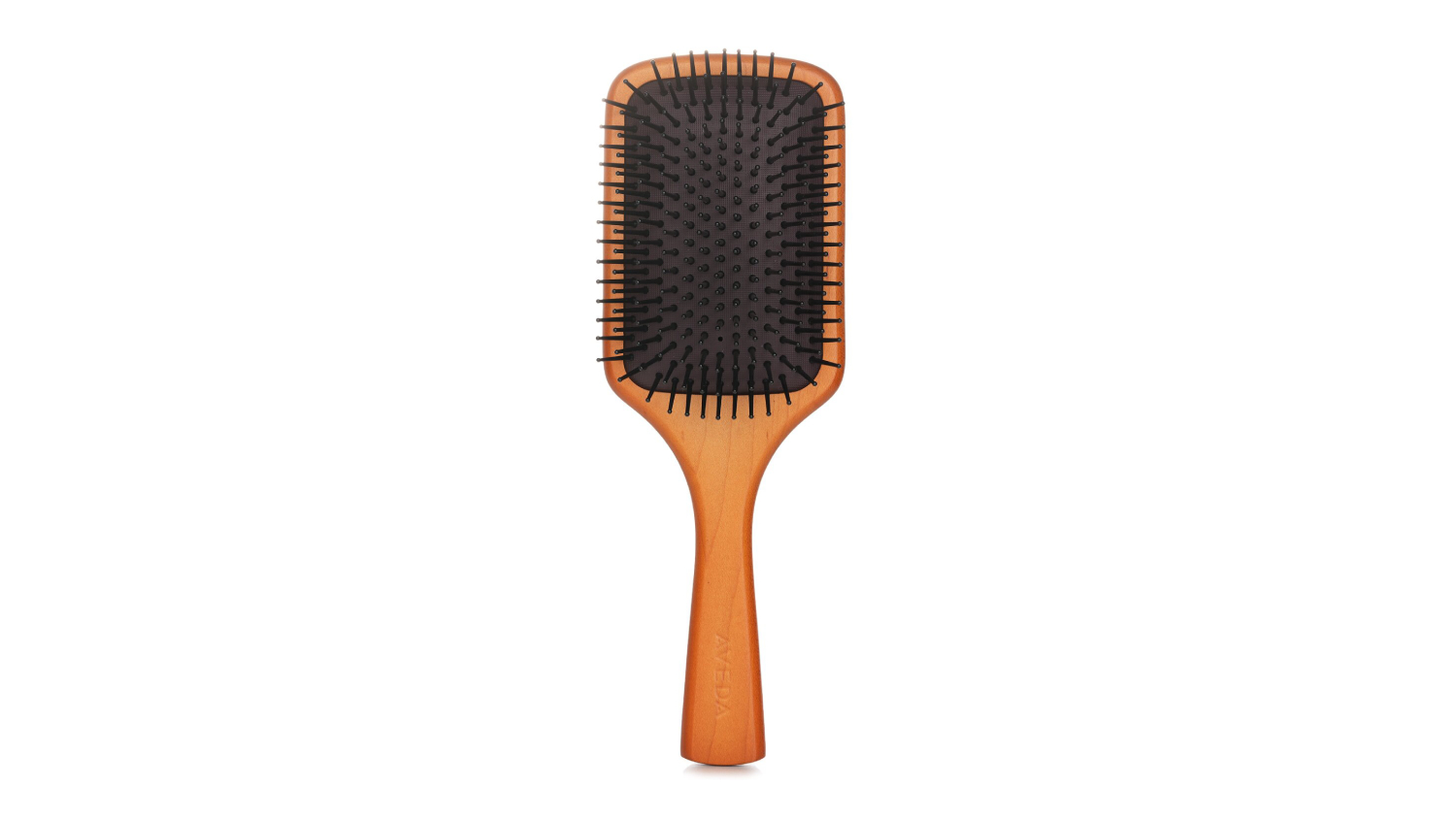 Front view of the Aveda wooden paddle brush with a wide head, a wooden handle, and black bristles