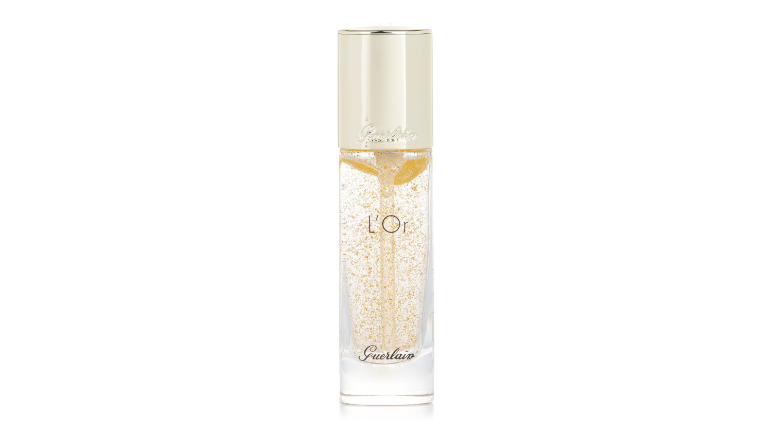 A front view of the Guerlain L'Or Radiance Primer features pure gold flakes in a clear bottle topped with a gold cap