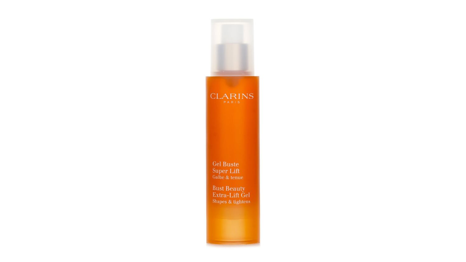 Front view of Clarins Bust Beauty Extra-Lift Gel in an orange pump bottle