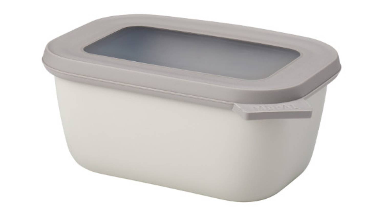 A Mepal Cirqula Rectangle 750ml food container in Nordic White, shown with a lid featuring a transparent window