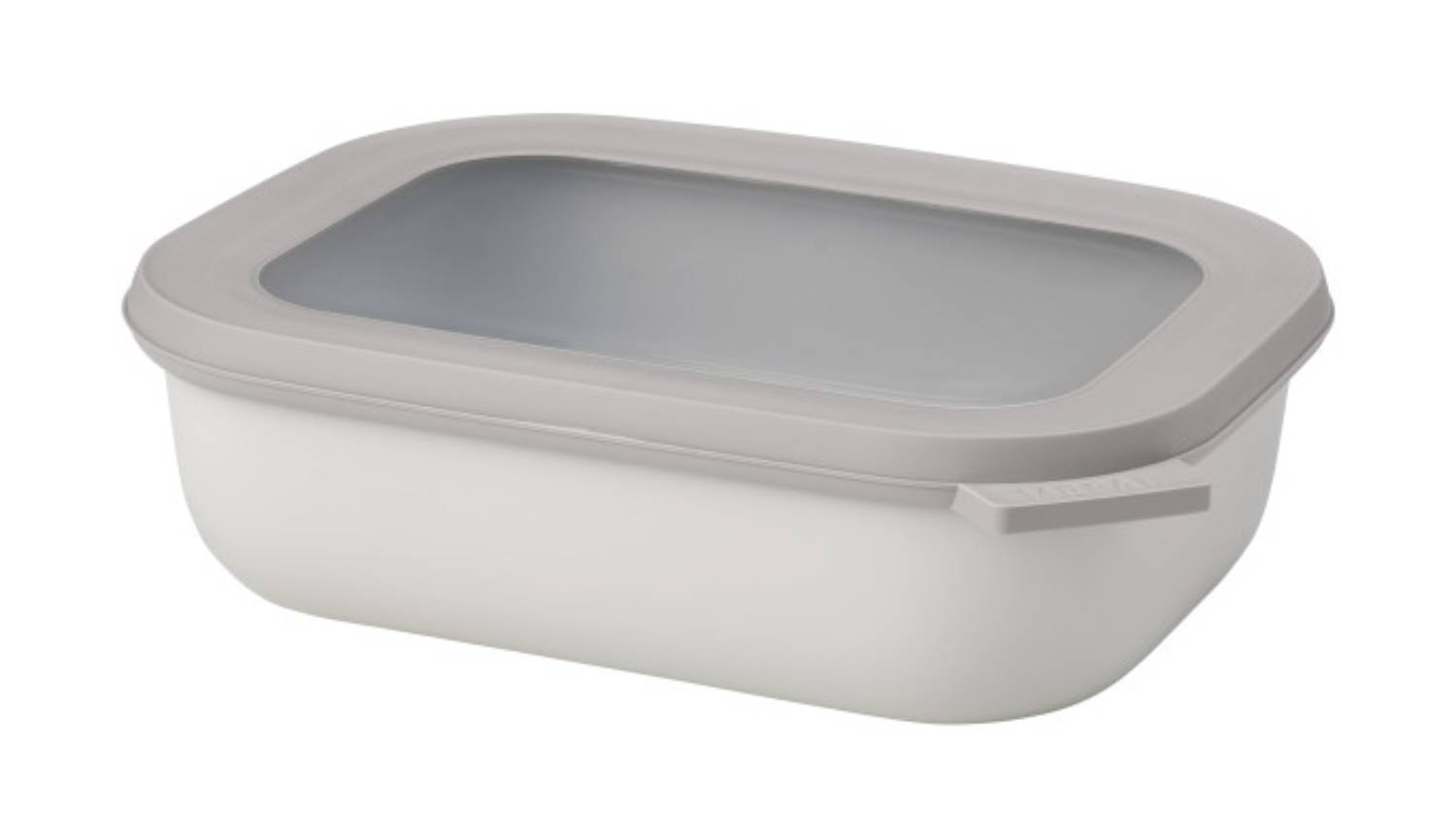 A Mepal Cirqula Rectangle 1L food container in Nordic White, shown with a lid featuring a transparent window