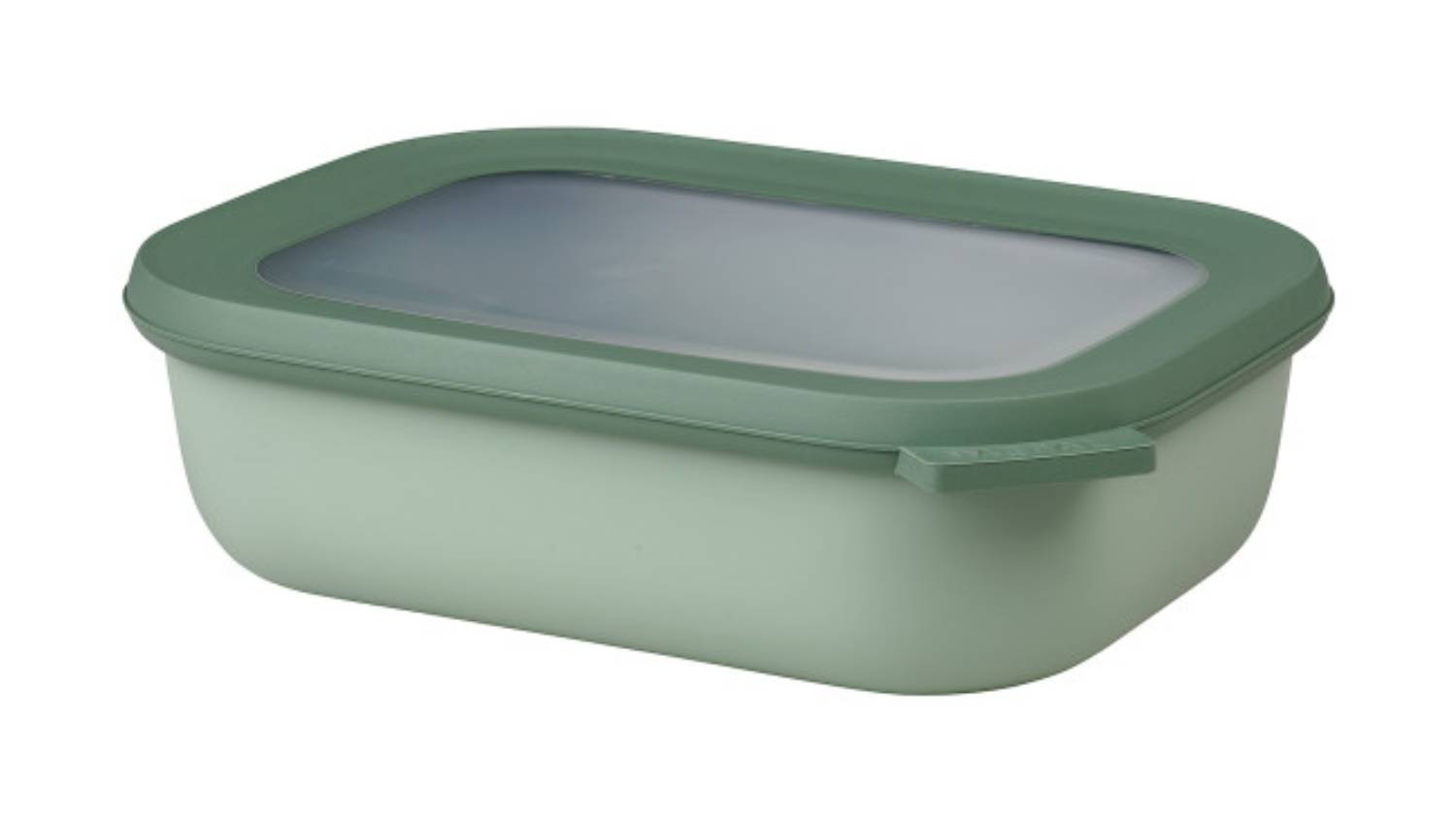 A Mepal Cirqula Rectangle 1L food container in Nordic Sage, shown with a lid featuring a transparent window