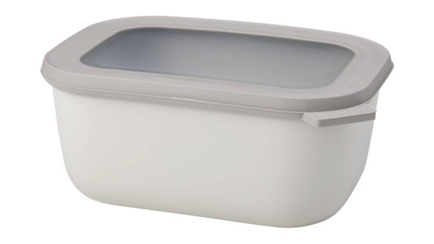 A Mepal Cirqula Rectangle 1.5L food container in Nordic White, shown with a lid featuring a transparent window