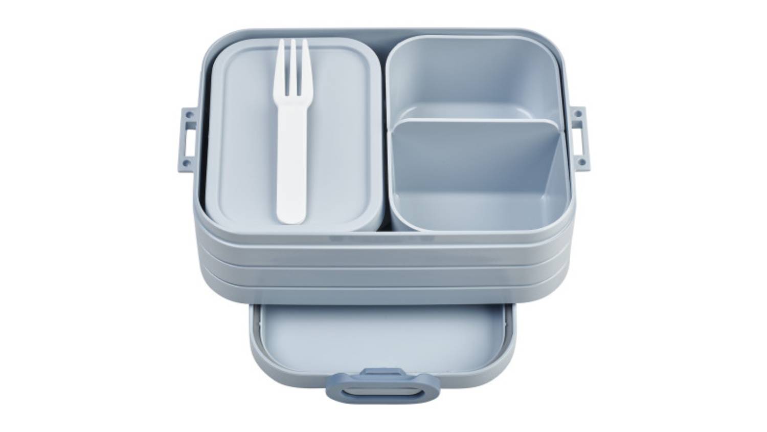 Open Nordic Blue Mepal Midi Bento Box showing three compartments, one with a lid and a white fork