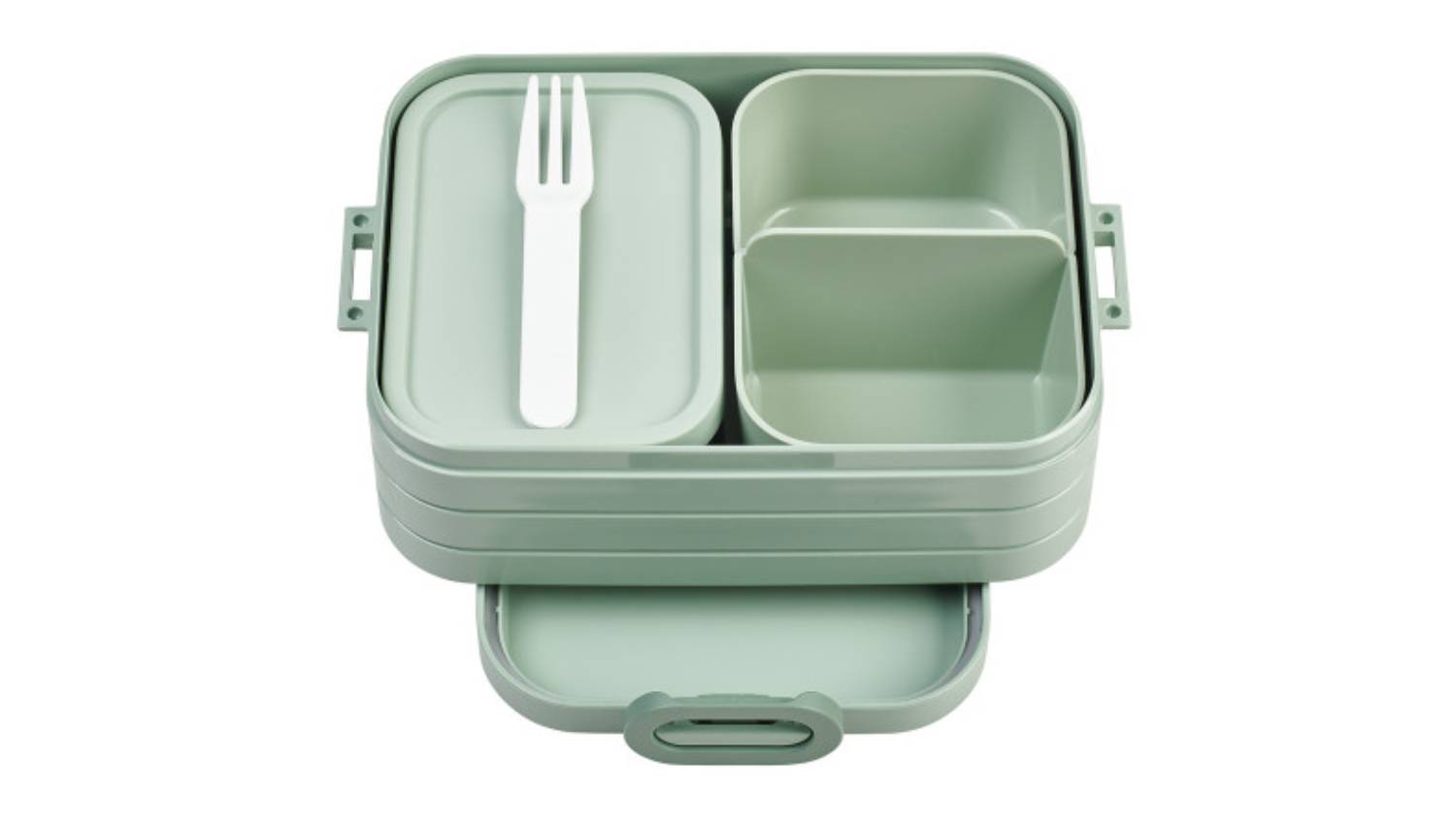 Open Nordic Sage Mepal Midi Bento Box showing three compartments, one with a lid and a white fork